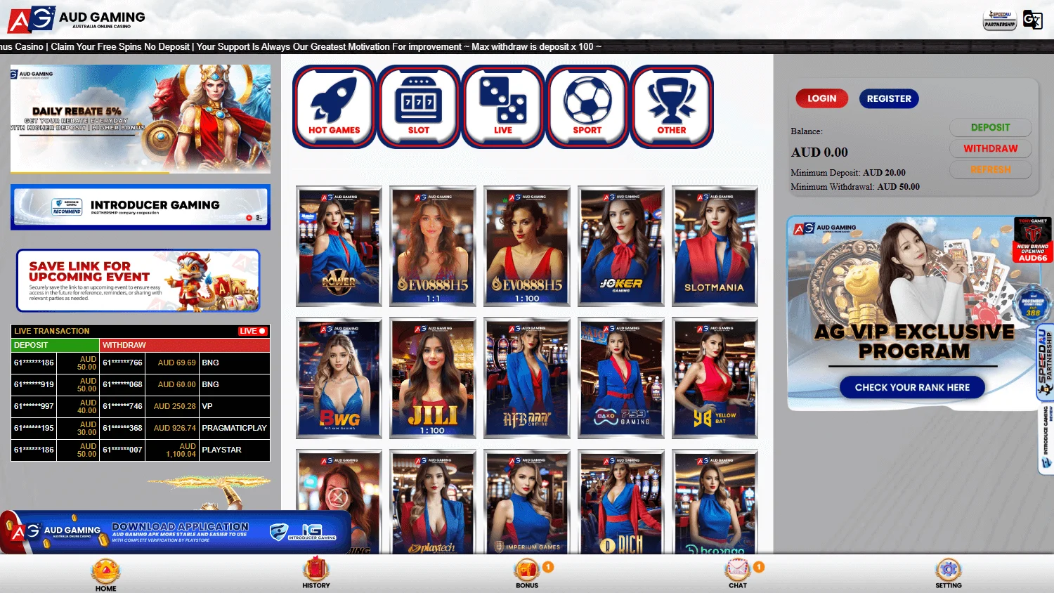 AUD Gaming Casino desktop home with casino entertainment and the $28 no-deposit offer